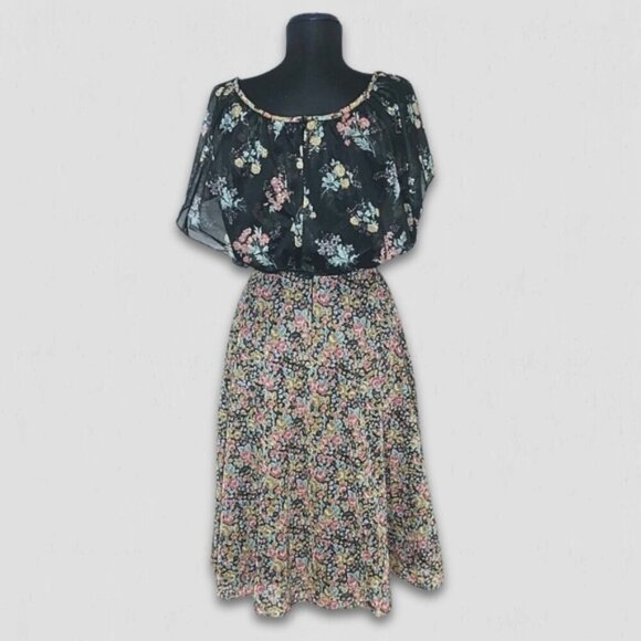 Vintage 80s Floral Full Swing Dress Black Boho Medium - Picture 2 of 10